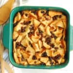 A baking dish with dairy free bread pudding.