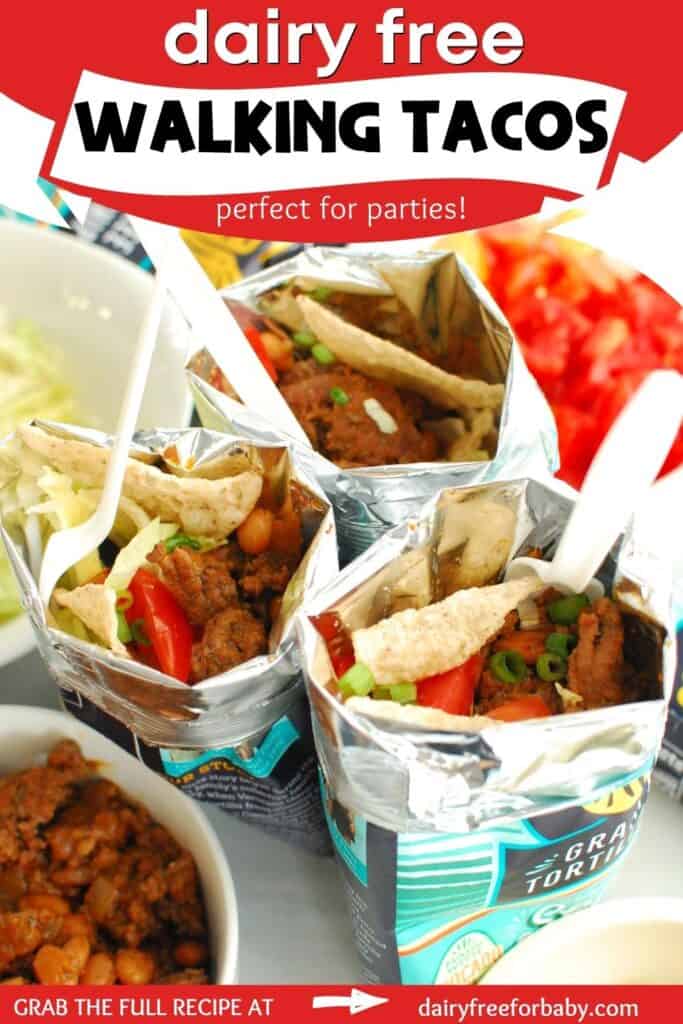 Three dairy free walking tacos with plastic forks stuck in the bags, with a text overlay with the name of the recipe.