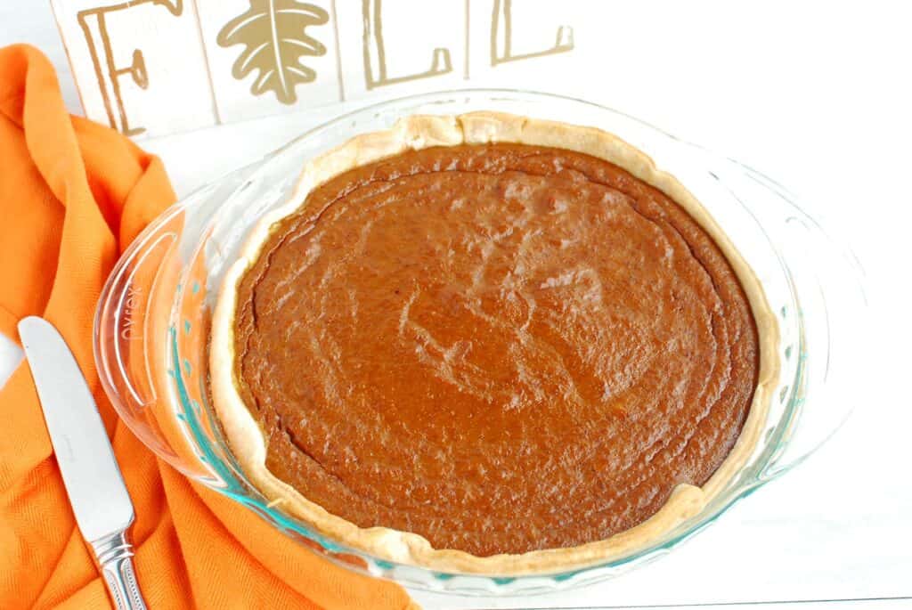 A baked pumpkin pie.