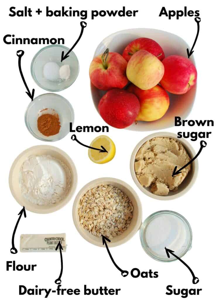 Apples, salt, baking powder, cinnamon, lemon, brown sugar, flour, dairy-free butter, oats, and sugar.