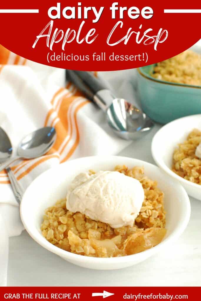 A bowl with dairy free apple crisp and a scoop of ice cream on top.