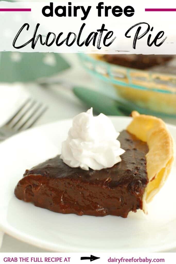 A slice of dairy free chocolate pie topped with dairy free whipped cream, with a text overlay with the recipe name.