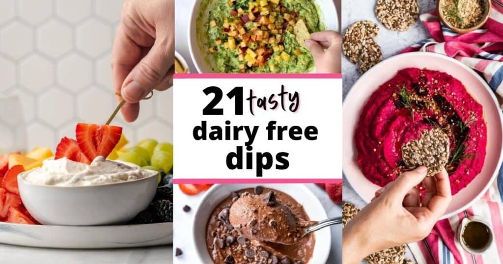 A collage of several dairy free dips including peach guacamole, brownie hummus, fruit dip, and beet hummus.