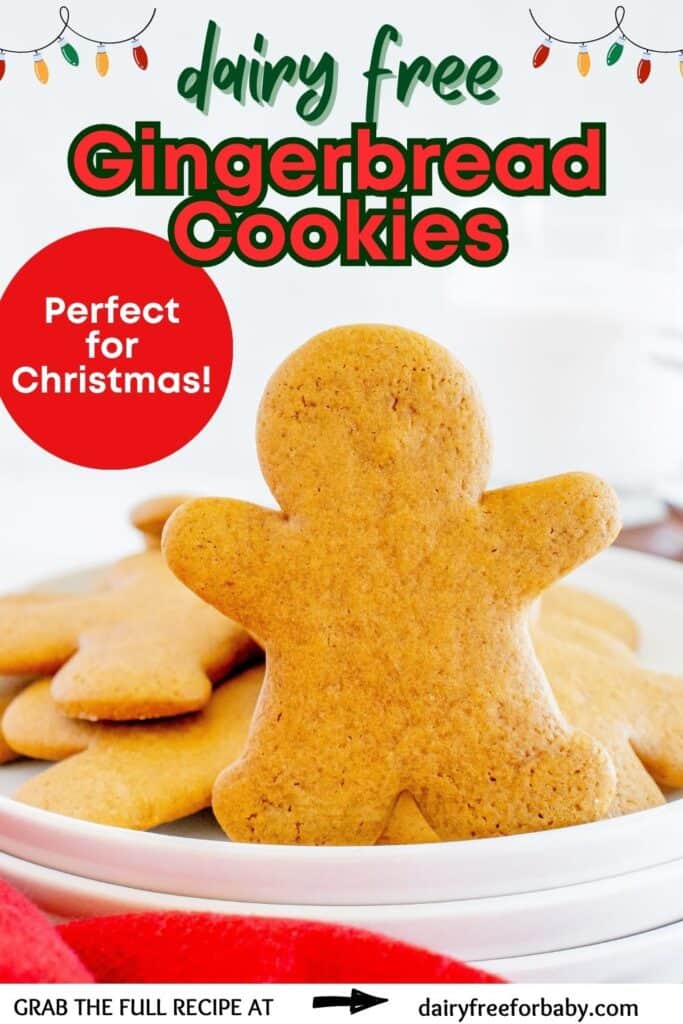 A dairy free gingerbread cookie propped up in a bowl, with a text overlay with the name of the recipe.