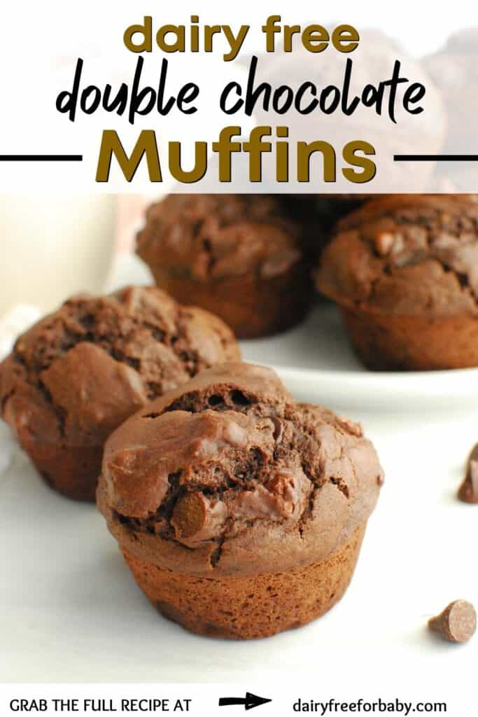 Two dairy free chocolate muffins next to some scattered chocolate chips with a text overlay with the name of the recipe.