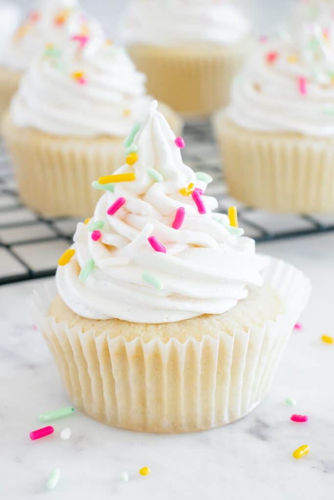 A vanilla cupcake on a countertop.