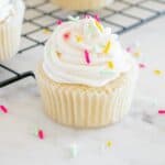 A vanilla cupcake topped with dairy free buttercream and sprinkles.