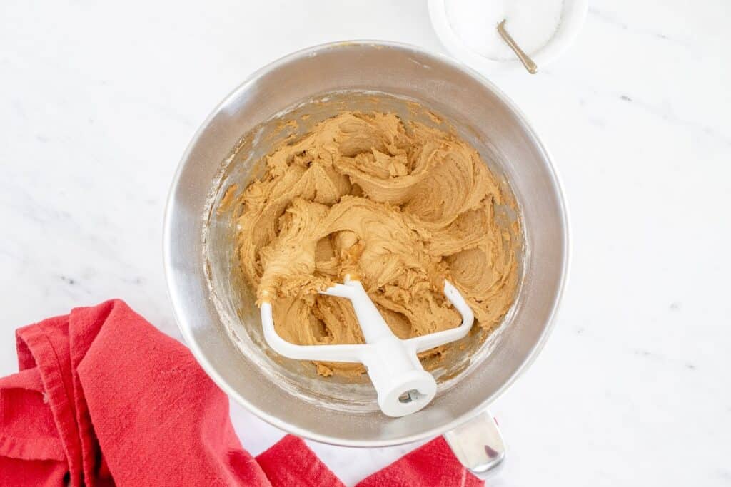 Cookie dough in a mixing bowl.