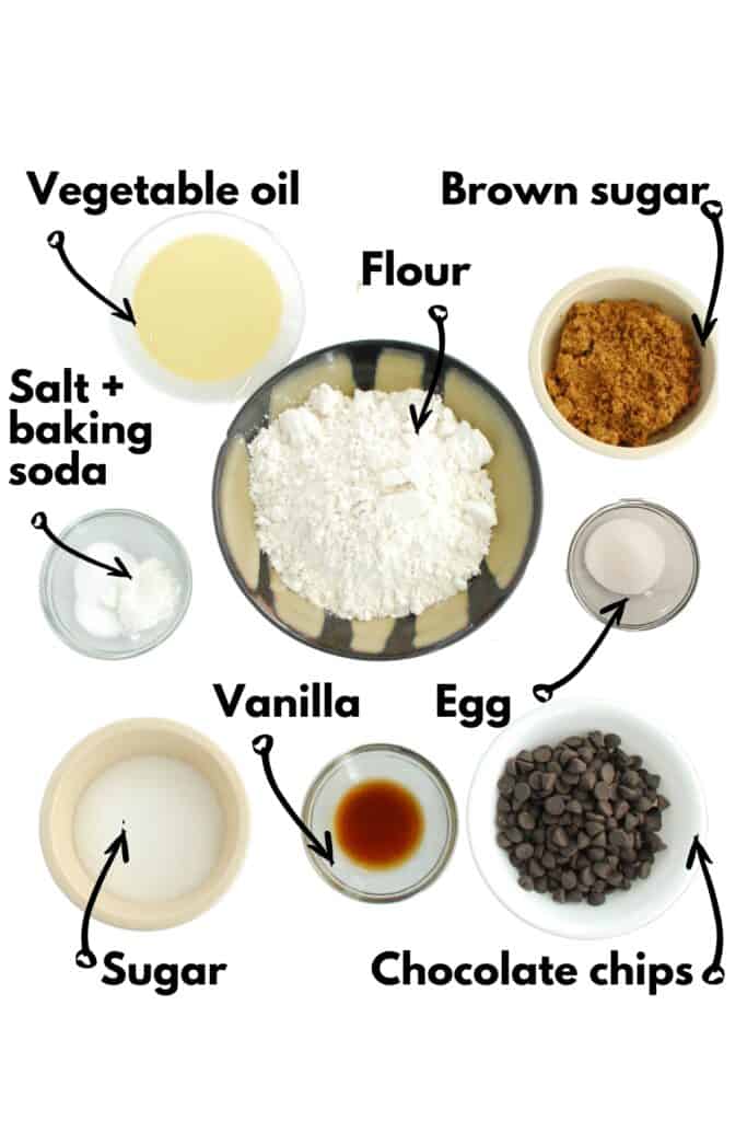 Vegetable oil, brown sugar, sugar, flour, vanilla, baking soda, salt, egg, and chocolate chips.