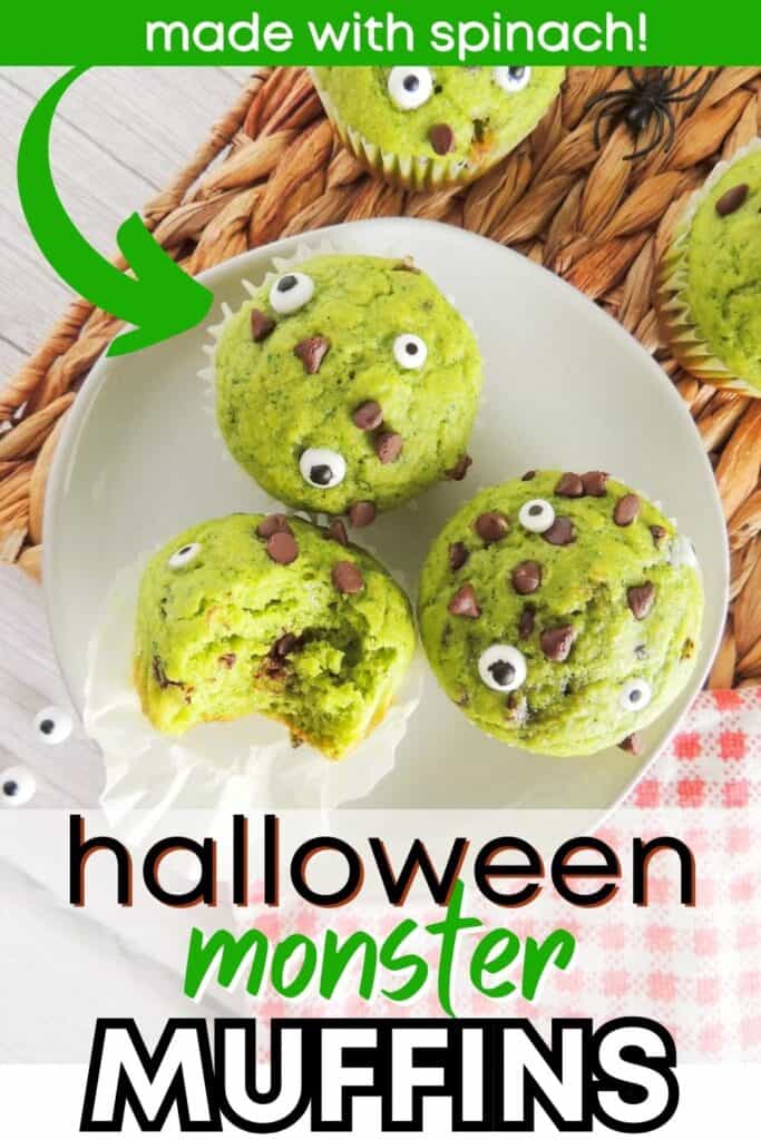 Three Halloween monster muffins on a white plate, with a text overlay that says the recipe name and "made with spinach."