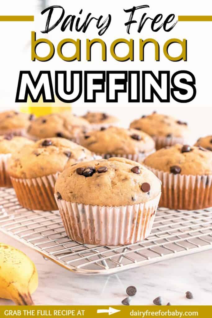 Several dairy free banana muffins on a cooling rack with a text overlay with the name of the recipe.