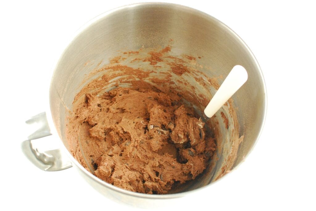 Dairy free double chocolate cookie batter in a mixing bowl after the chocolate chips were folded in.