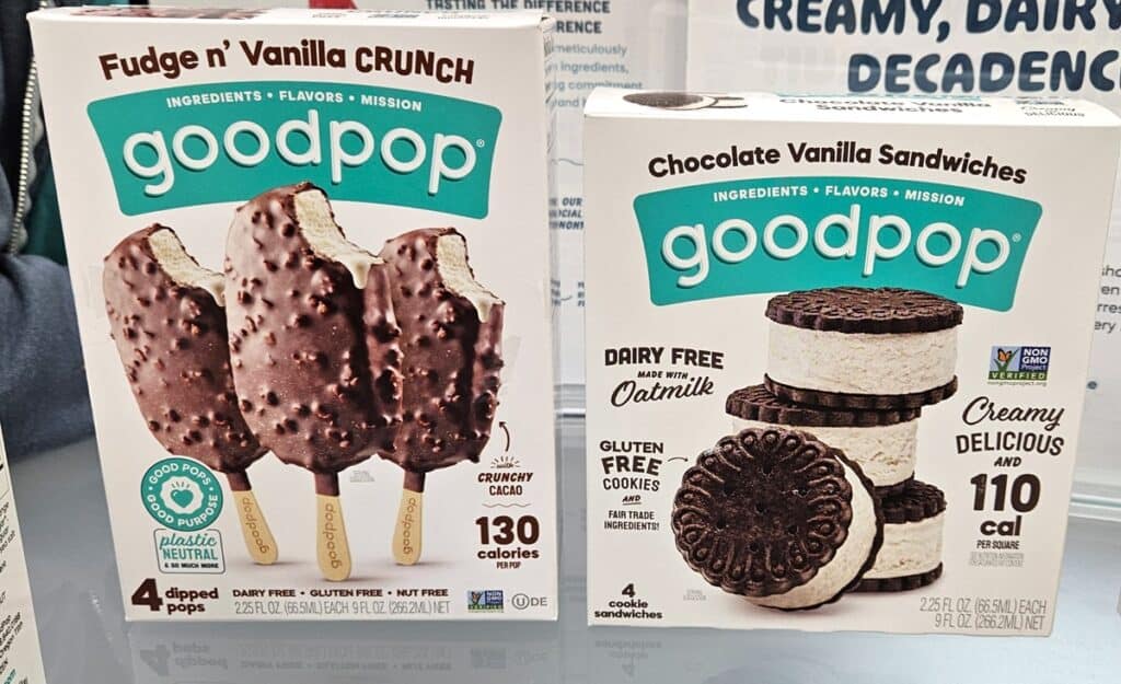 A box of goodpop dairy free ice cream bars and a box of goodpop ice cream sandwiches.