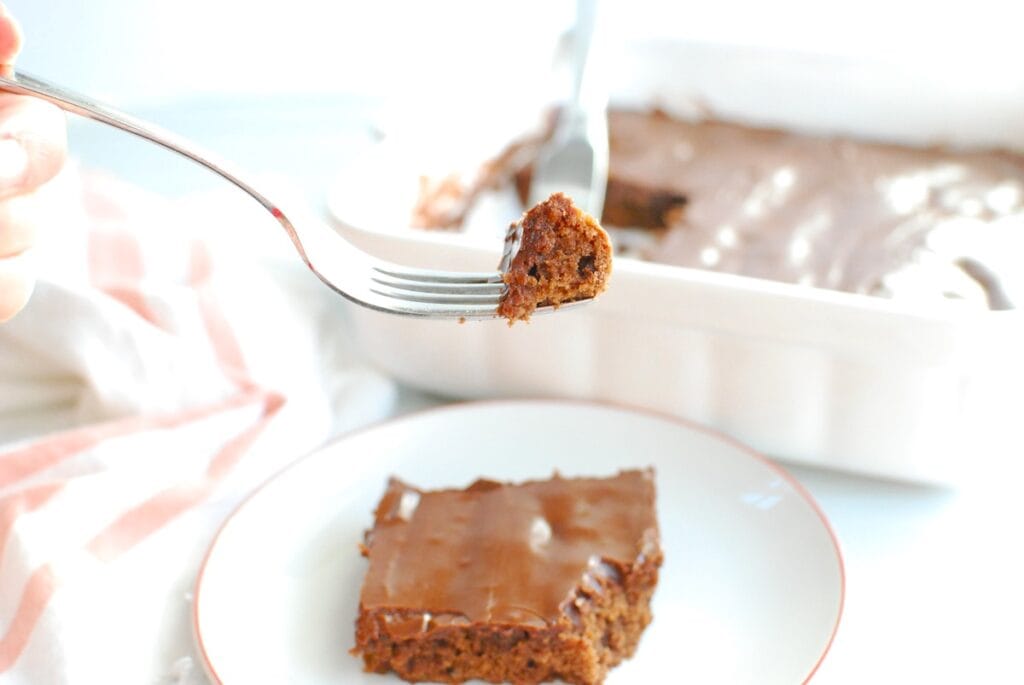 A bite of a dairy free lunch lady brownie on a fork.