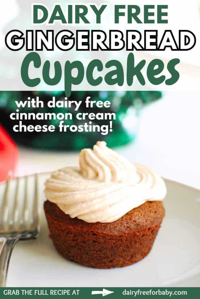 A dairy free gingerbread cupcake with piped frosting on top, with a text overlay with the name of the recipe.