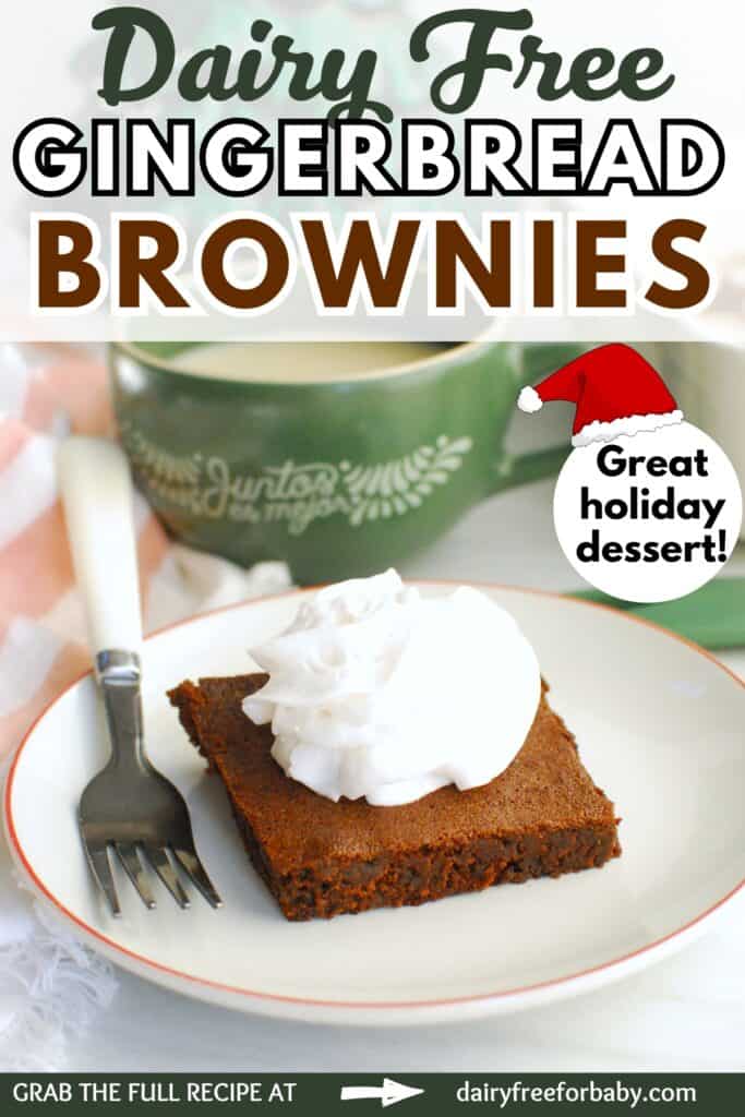 A dairy free gingerbread brownie on a plate with a fork next to it, with a text overlay with the name of the recipe.