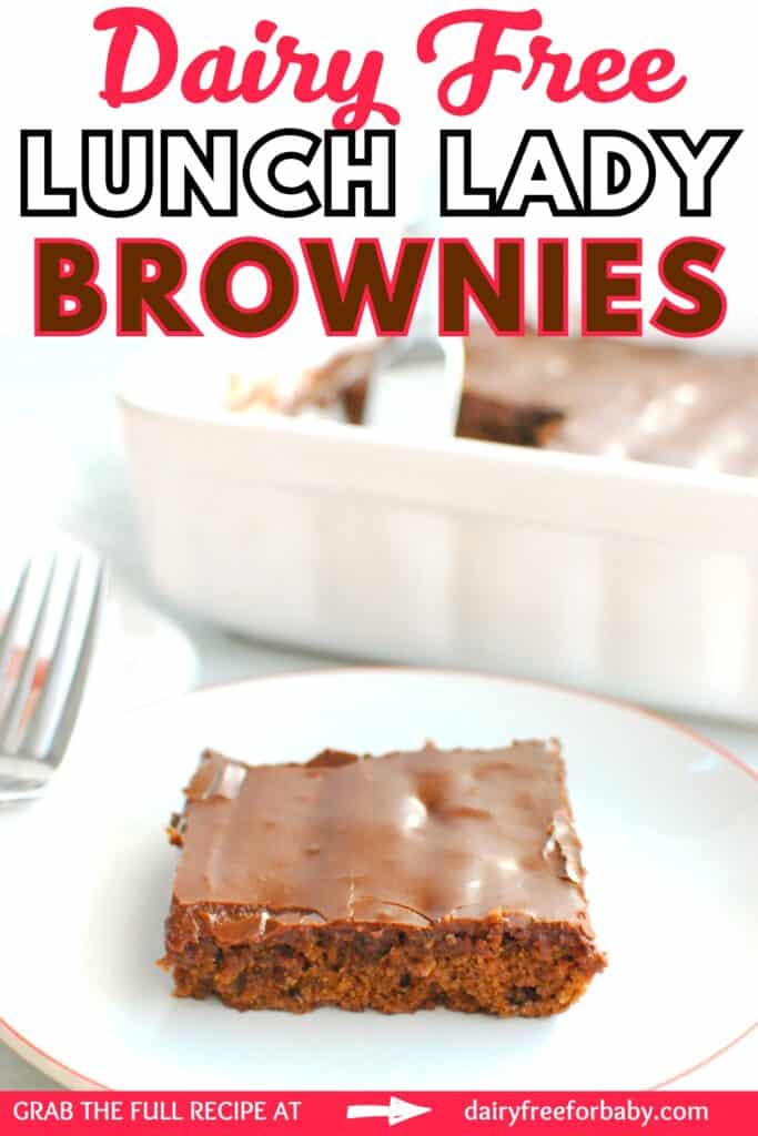 A dairy free lunch lady brownie on a plate, with a text overlay with the name of the recipe.