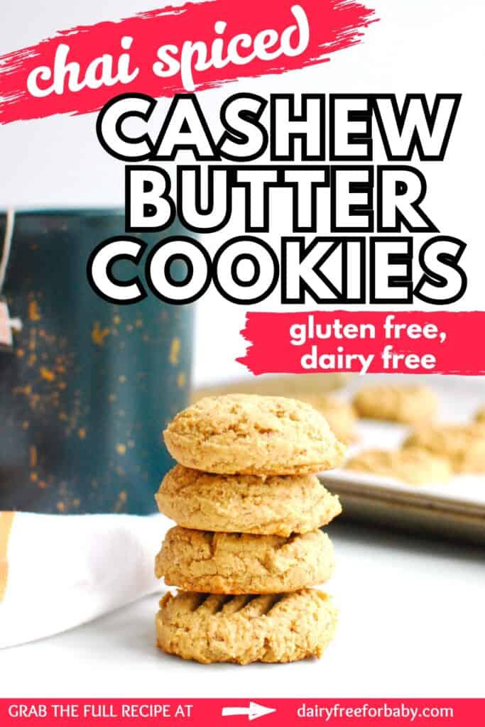 A stack of four chai spiced cashew butter cookies with a text overlay with the name of the recipe.