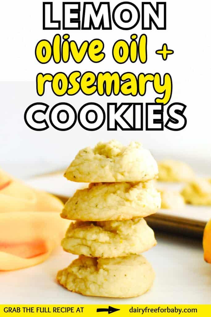 A stack of four lemon olive oil rosemary cookies with a text overlay with the name of the recipe.