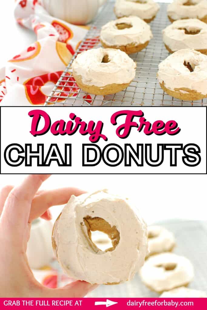 A bunch of chai donuts on a cooling rack and a woman's hand holding a donut, with a text overlay with the name of the recipe.