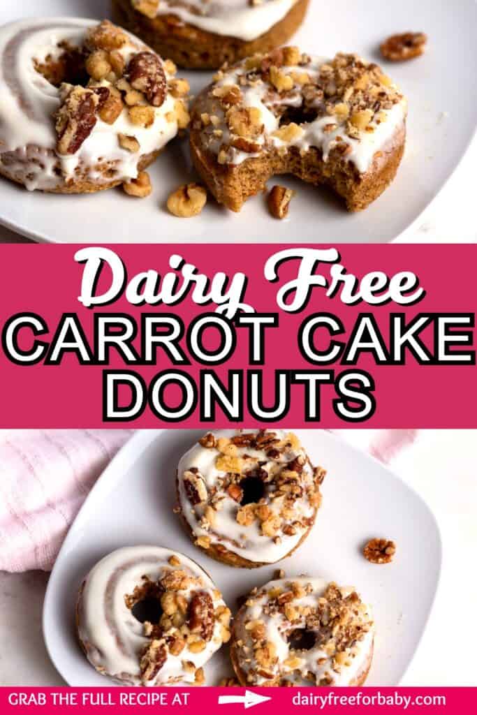 Several dairy free carrot cake donuts with a text overlay with the name of the recipe.