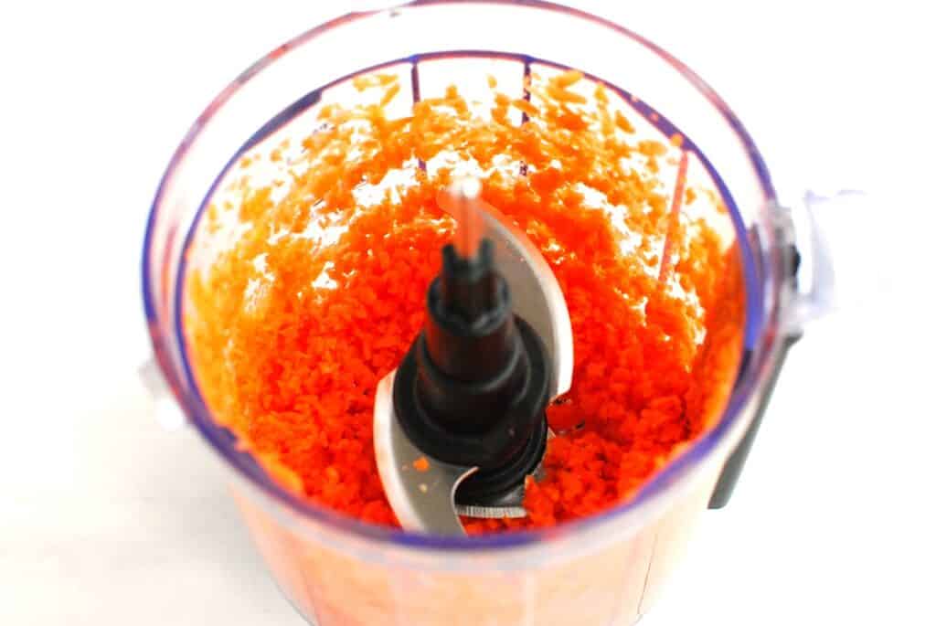 Carrots shredded in a mini food processor.