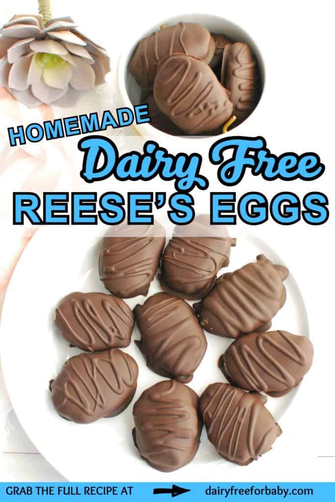 A plate full of dairy free homemade reese's eggs next to a small bowl filled with a few, with a text overlay with the name of the recipe.