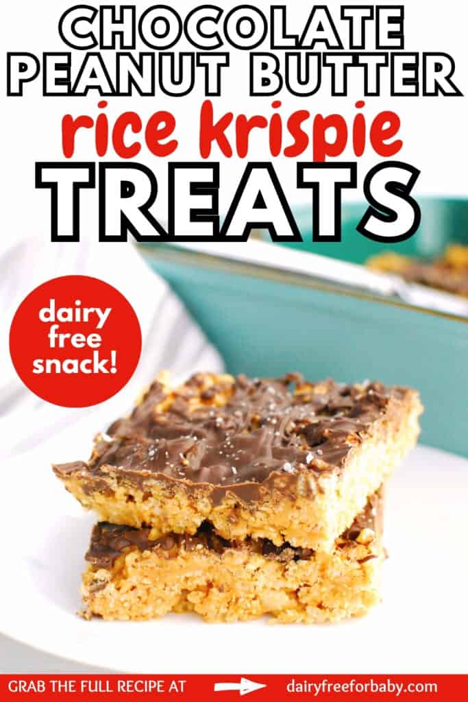 Two chocolate peanut butter rice krispie treats topped with coarse salt, with a text overlay with the name of the recipe.