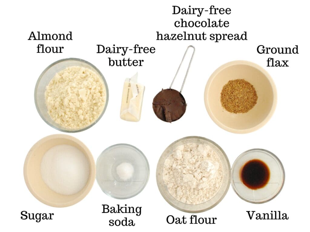 Almond flour, dairy-free butter, dairy-free chocolate hazelnut spread, flaxseed, sugar, baking soda, oat flour, and vanilla.