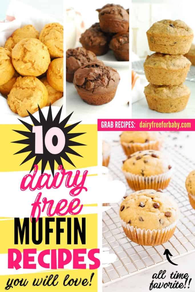 A collage of dairy free muffins including pumpkin muffins, double chocolate muffins, olive oil banana muffins, and almond butter muffins.