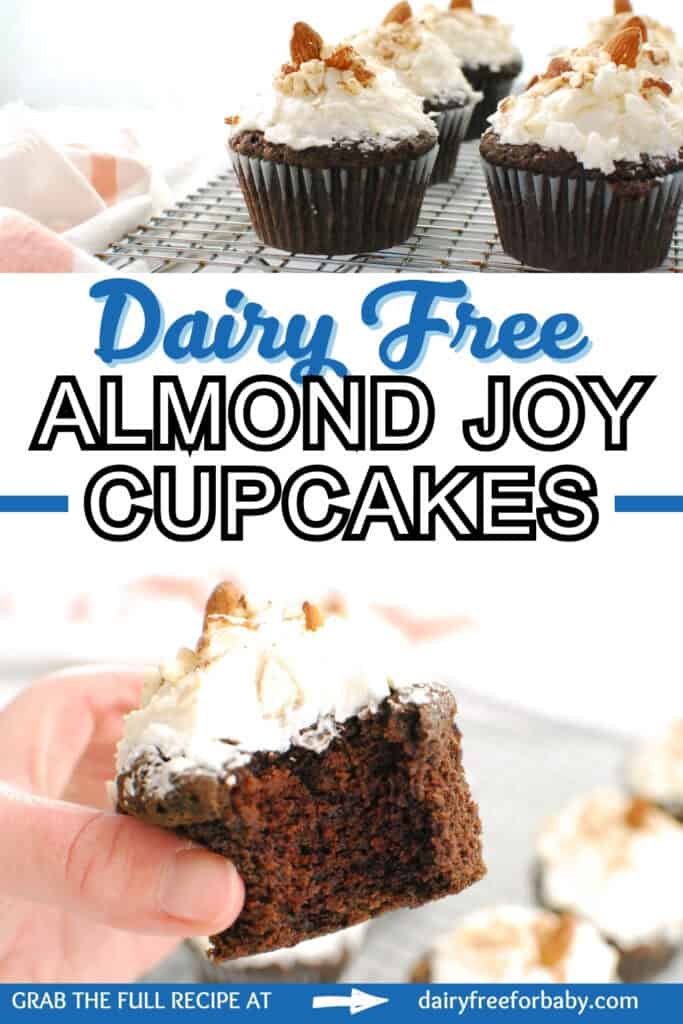 A collage of two dairy free almond joy cupcake images along with a text overlay with the name of the recipe.