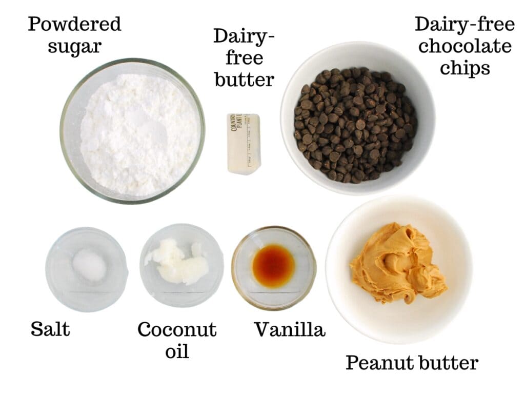 Powdered sugar, dairy-free butter, chocolate chips, salt, coconut oil, vanilla, and peanut butter.