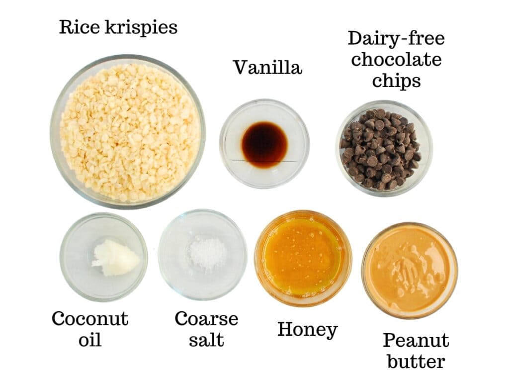 Rice cereal, vanilla, chocolate chips, coconut oil, salt, honey, and peanut butter.