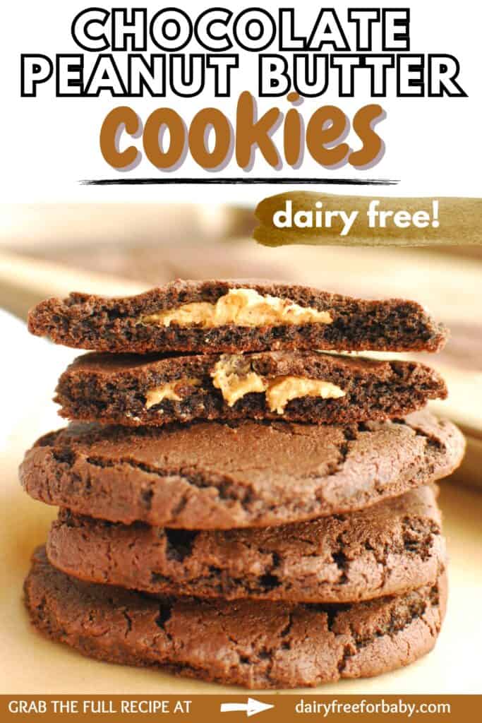 A stack of several dairy free chocolate cookies stuffed with peanut butter, with a text overlay with the name of the recipe.