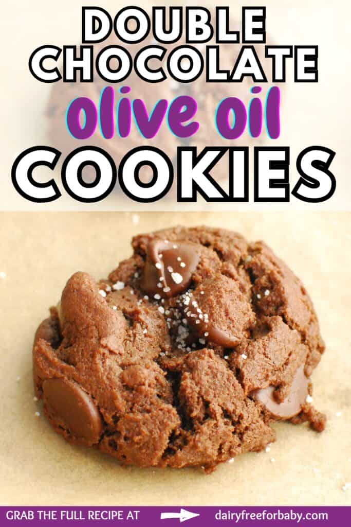 A double chocolate olive oil cookie garnished with sea salt with a text overlay with the name of the recipe.