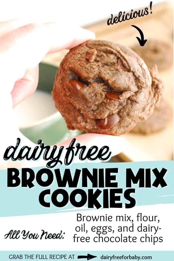 A woman's hand holding a dairy-free brownie mix cookie with a text overlay with the name of the recipe and ingredients.