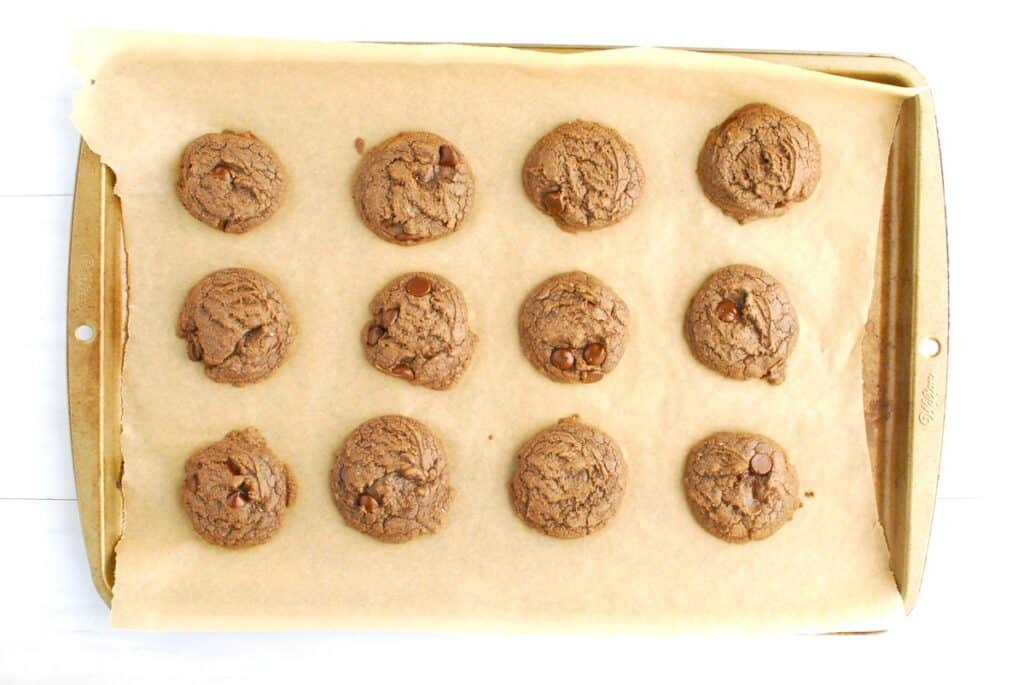 A pan of fresh-baked dairy-free brownie mix cookies.