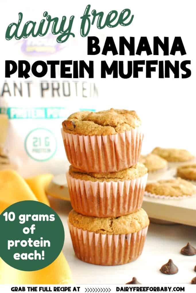Several dairy free gluten free banana protein muffins, with a text overlay with the name of the recipe.