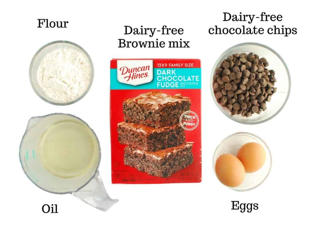 Flour, oil, brownie mix, chocolate chips, and eggs.