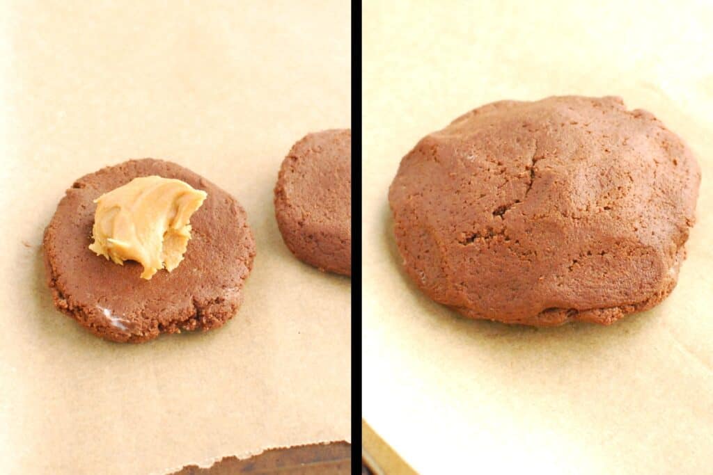 A collage showing peanut butter added to the bottom piece of cookie dough, then the top piece of dough added on top and the edges pinched.