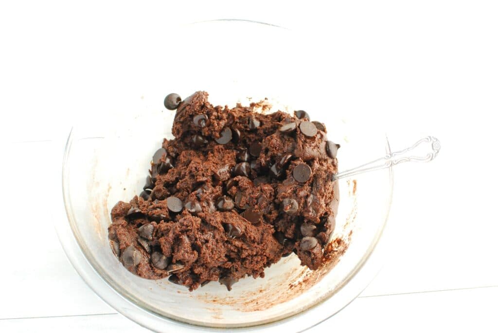 Cookie dough in a glass bowl.