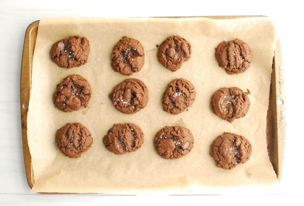 A pan of just-baked double chocolate olive oil cookies.