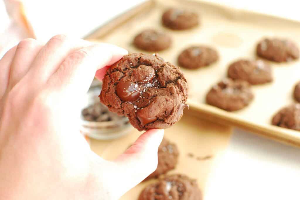 A woman's hand holding a double chocolate olive oil cookie.