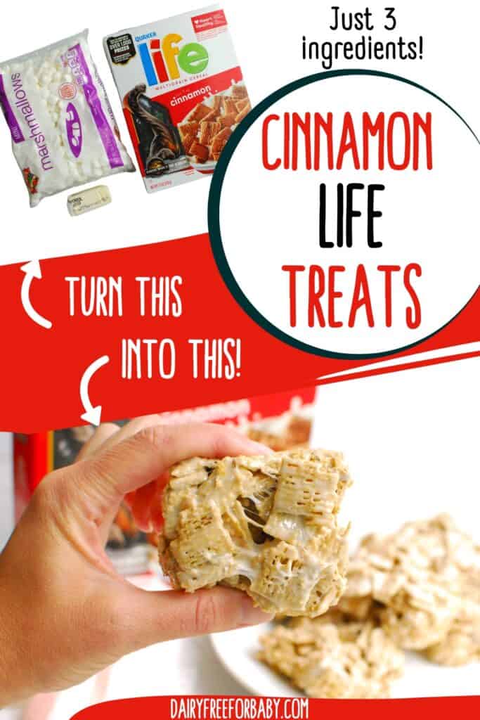The ingredients and a final shot of a cinnamon life cereal treat, with a text overlay with the name of the recipe.