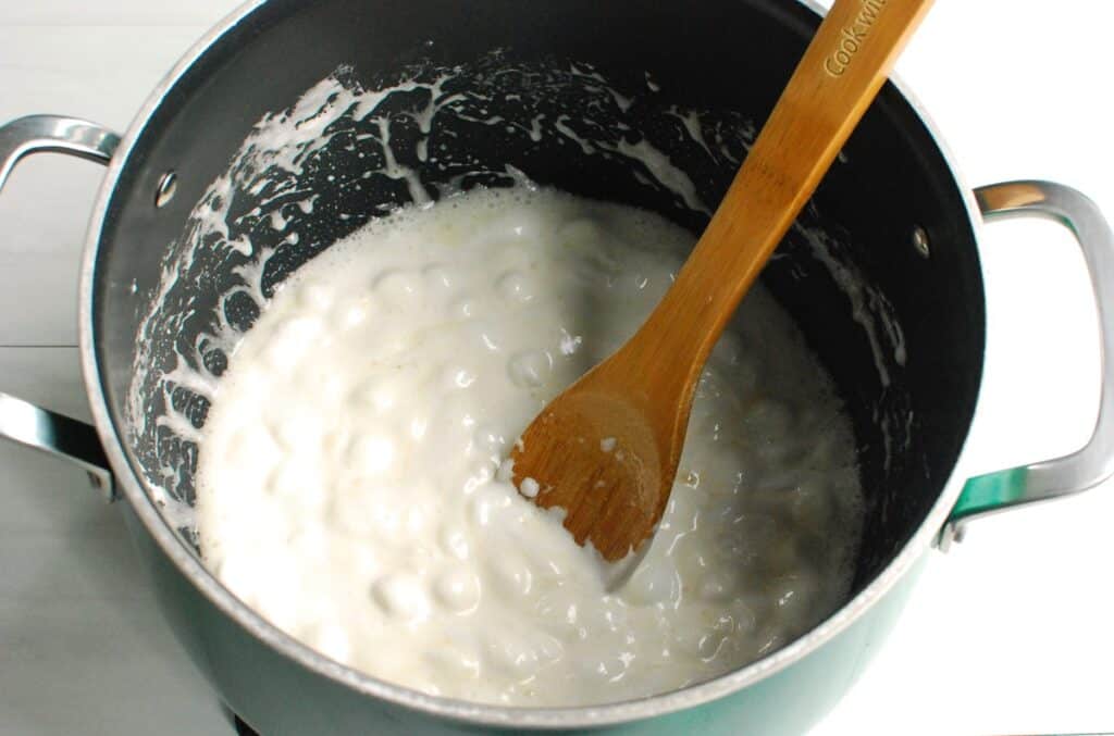 Marshmallows and dairy-free butter melted together in a large pot.