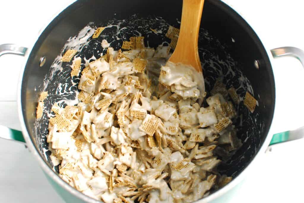 Cereal stirred into the pot.