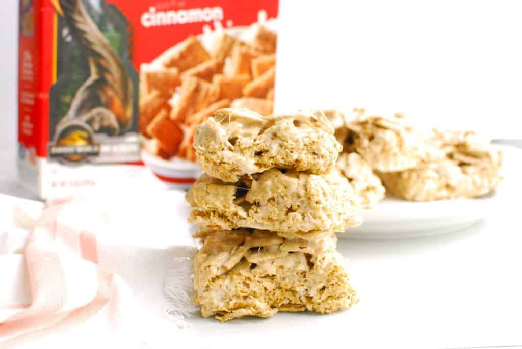 Three cinnamon life marshmallow treats.