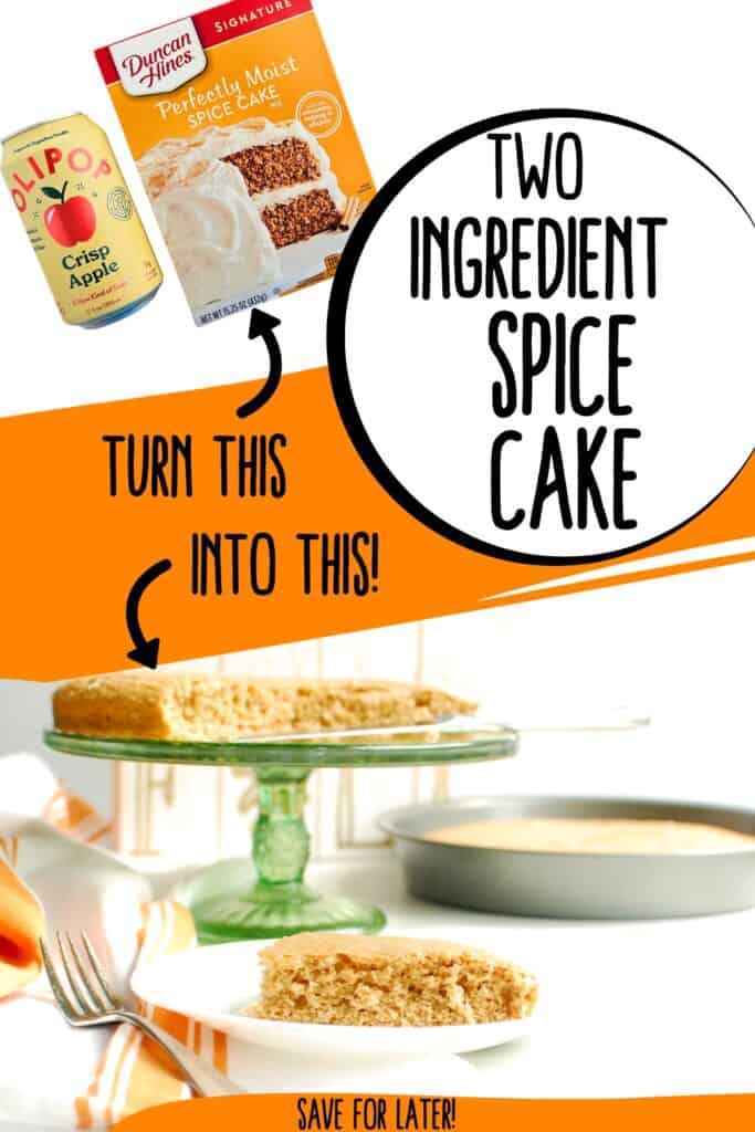 A box of cake mix and a can of soda, next to the finished 2-ingredient cake, with a text overlay with the name of the recipe.