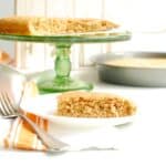 A piece of 2-ingredient spice cake on a plate with a cake stand in the background.