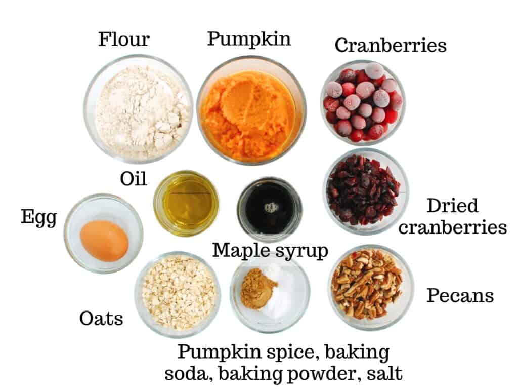 Flour, pumpkin, cranberries, oil, egg, oats, maple syrup, pumpkin spice, baking soda, baking powder, salt, pecans, and dried cranberries.